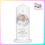 Personalised Photo Christening Candle – Blue Flowers &amp; Baby’s Breath image