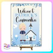 Personalised A4 Confirmation Welcome Sign for Boys – Custom Name &amp; Church Illust