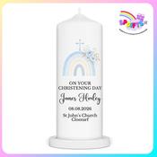 Personalised Boys Christening Candle – Blue Rainbow Design