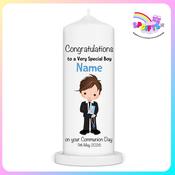 Personalised Boy Communion Candle – Black Suit Design | Ireland