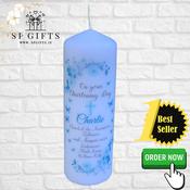 Christening Candle - Blue Floral Design