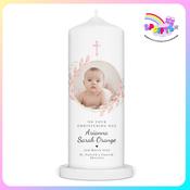 Personalised Photo Christening Candle – Pink Flowers &amp; Baby’s Breath