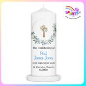 Personalised Boys Christening Candle – Blue Script Floral Design