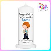 Personalised Boy First Holy Communion Candle – Khaki Suit Design | Ireland