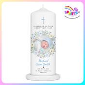 Personalised Boys Photo Christening Candle – Blue Blossom