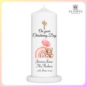 Personalised  Christening Candle - Pink Rainbow Bear image