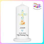 Personalised Boy’s Christening Candle with Woodland Fox Floral Cross – Ireland