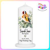 Personalised Goldfinch Christening Candle Ireland | Watercolour Bird Design