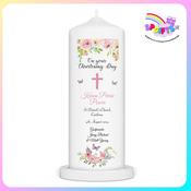 Personalised Christening Candle Pink Floral Design
