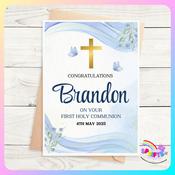 Personalised First Holy Communion Card – Blue Floral Design with Gold Cross