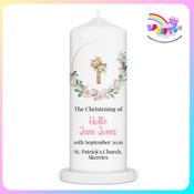 Personalised Girls Christening Candle – Pink Script Floral Design