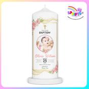 Personalised Christening Candle – Baby Photo &amp; Floral Design | Custom Baptism Ca