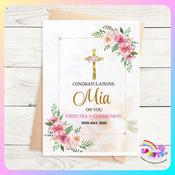 Personalised First Holy Communion Card – Elegant Pink Floral Design