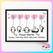 Personalised Cute Kawii Penguin New Baby Print - Baby Birth Details image