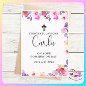 Personalised Floral Communion Card – Elegant Lilac Watercolour Design