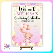 Personalised A4 Christening Welcome Sign – Girls Balloon Bear