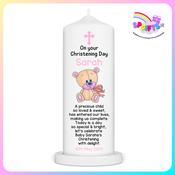 Personalised  Christening Candle - Bear with pink ribbon image