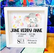 New Baby Girl Birth Announcement Box Frame - Elephant Design