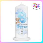 ersonalised Christening Candle for Boys – Blue Initial &amp; Teddy Design (Ireland)