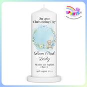 Christening Candle - Boy Bear on a watercolour wreath