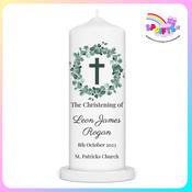 Personalised Eucalyptus Christening Candle – Green Wreath Design image