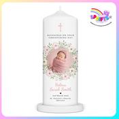 Personalised Girls Photo Christening Candle – Pink Blossom