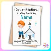 Boy with Leg Braces First Holy Communion Card (Personalised) image