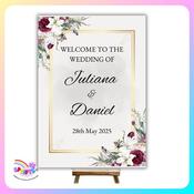 Personalised Wedding Welcome Sign – Floral Burgundy &amp; Gold Design