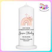 Personalised Girls Christening Candle – Pink Rainbow Design