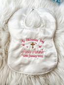 Personalised Christening Silk Style bib - Pink or Blue Thread