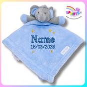 New Baby Comforter Personalised – Blue Elephant