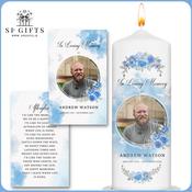 Memorial Photo Candle &amp; 25 Wallet Cards - Blue Elegant Dove Design