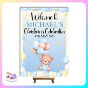 Personalised A4 Christening Welcome Sign – Boy’s Blue Balloon Bear