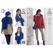 King Cole Pattern 5195 Cardigan, Scarf, Wrap &amp; Hat Super Chunky Stormy
