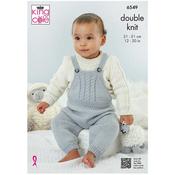 King Cole Pattern 6549 Dungarees, Pinafore, Sweater, Cardigan and Bootees knitted in Little Lamb DK