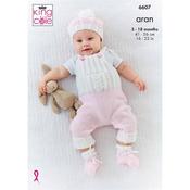 King Cole Pattern 6607 Cardigan, Dungarees, Hat and Bootees in Aran