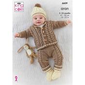 King Cole Pattern 6609 Jacket, Trousers, Sweater, Hat and Bootees in Aran