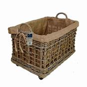 Kubu Grey Woven Lined Log Basket With Handle &amp; Wheels Medium