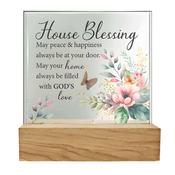 House Blessing Glass Plaque with Wooden Base