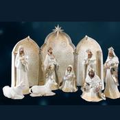 Modern Resin Nativity Set with Stable – 9 Hand-Painted Figures, 6½ Inch, White with Gold Highlights image