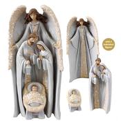 Resin Nativity Set – Holy Family &amp;amp; Angel, Hand-Painted with Gold Highlights image