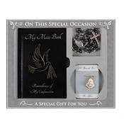 Black Confirmation Gift Set – Mass Book, Black Rosary, Dove Lapel Pin