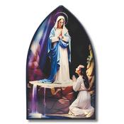 Lourdes Metal Plaque with Light – Arched Window Stained Glass