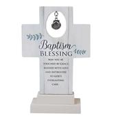 Baptism Wooden Cross with Metal Shell Charm and Blessing Message