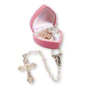 Pink Glass Baby Rosary Gift Boxed in Heart Shaped Box