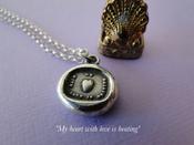 My Heart with love is beating….. sterling silver, wax letter seal impression. Rebus puzzle, love, romantic, heart, love, meaningful jewelry