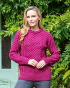 Ladies Merino Wool Fitted Aran Sweater Raspberry - XS image