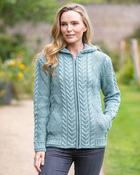 Ladies Aran Hooded Cardigan With Cladagh Zip - Aqua / M