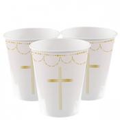 Pink Botanical Cross Paper Cups - 237ml - Communion Party Blue