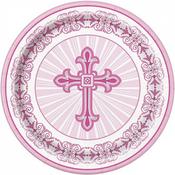 Pink Radiant Cross 9" Plates (8pk) | Communion Party Accessories